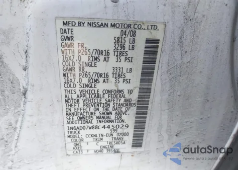 2008 Nissan Frontier Se z USA, uszkodzony, nr VIN 1N6AD07W88C445029
